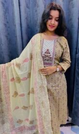 Moti Work Pure Cotton Khaki Dress