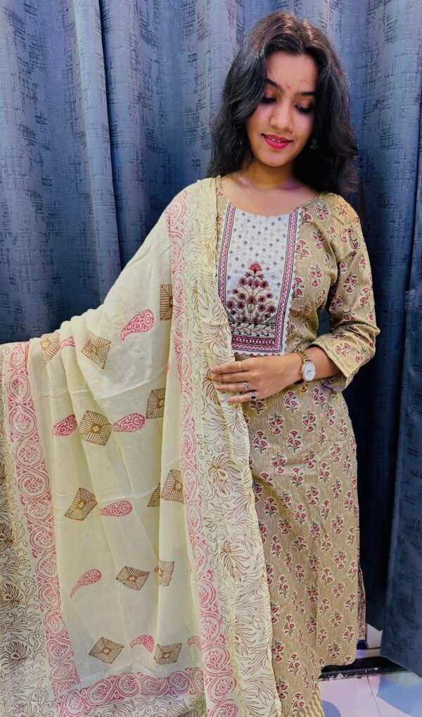 Moti Work Pure Cotton Khaki Dress