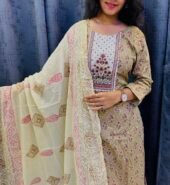 Moti Work Pure Cotton Khaki Dress