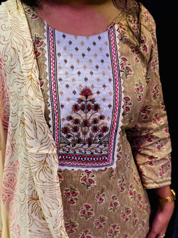 Moti Work Pure Cotton Khaki Dress - Image 2