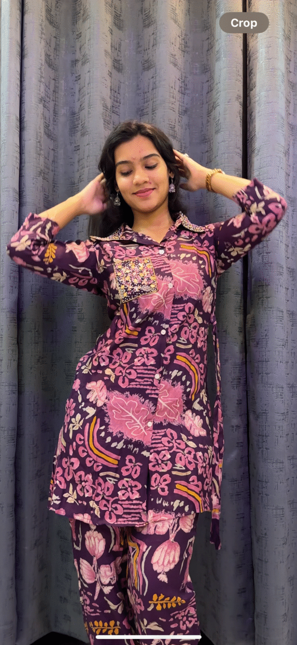Jamun Drama 
Collar Coord Set with Pocket and handwork